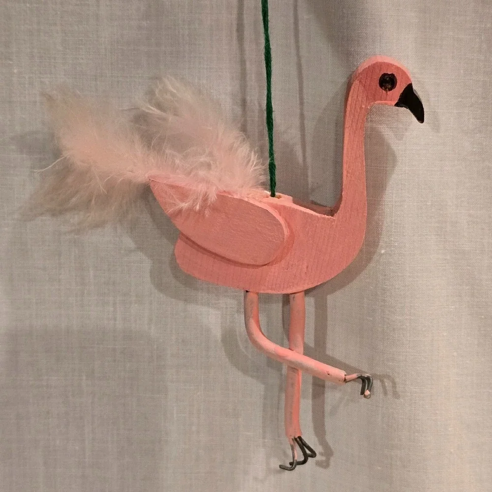 Wooden Flamingo Ornament Hanging Real Feather Pink Fork‎ Feet Handmade 1990